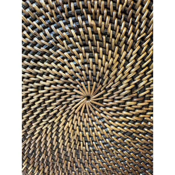 Crossbody Canteen Round Purse Woven Rattan Black Strap Boho Button Snap Roomy - Picture 3 of 8